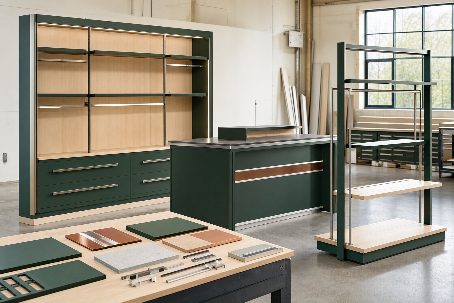 Coordinated custom retail fixtures and finish samples in a workshop
