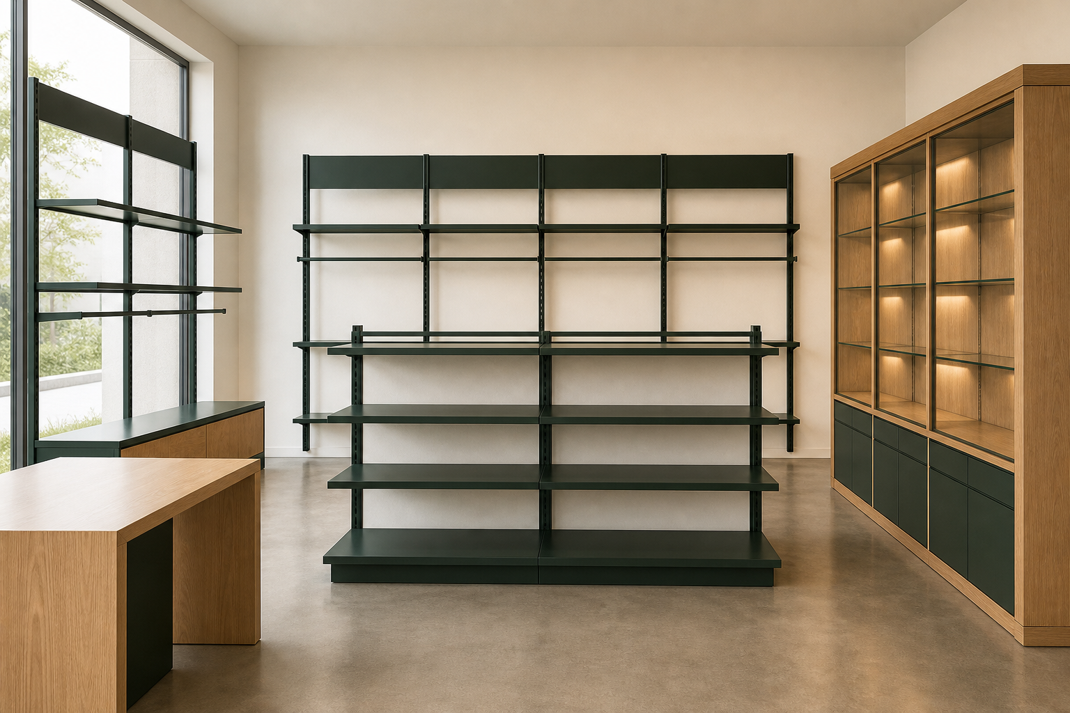 Coordinated custom retail shelving, gondolas, and display cabinets
